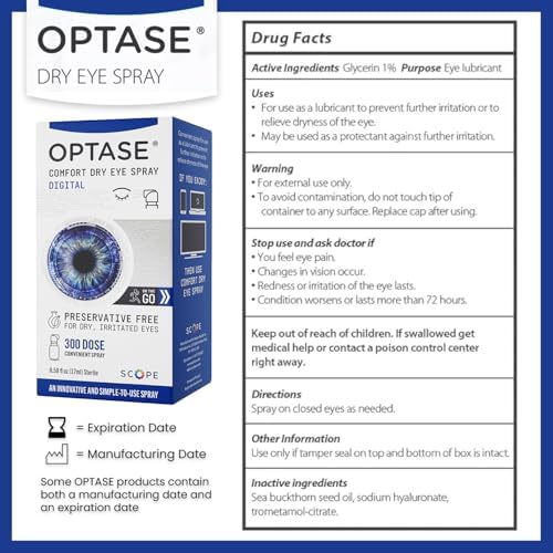 Applying Optase dry eye spray to closed eyelids for hydration and lubrication.