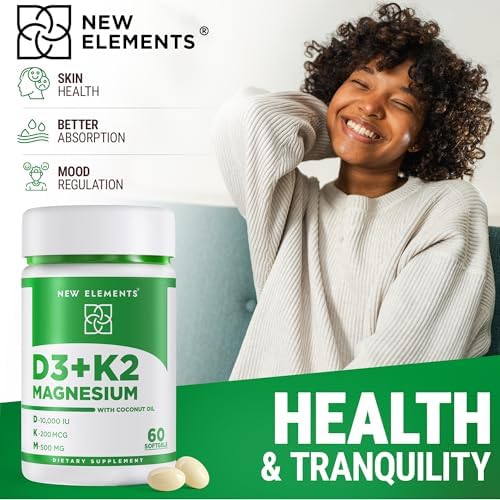 New Elements vitamin D3 K2 bottle next to packaging box design