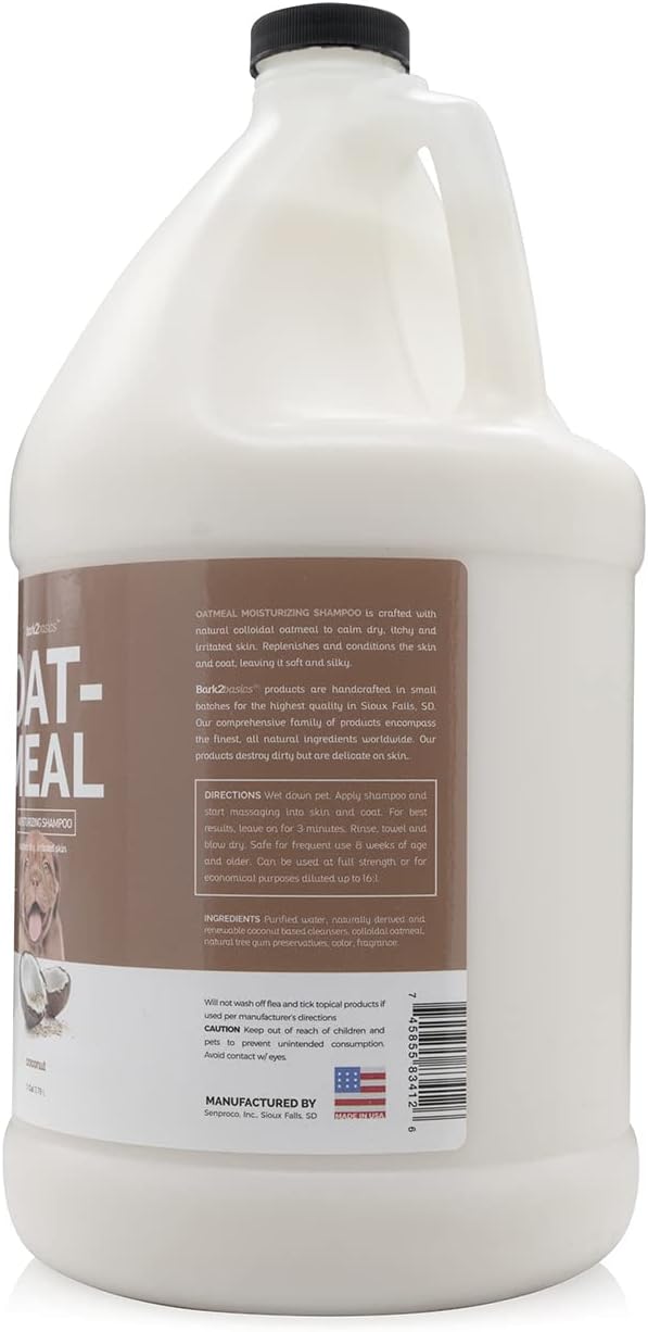 Close up of Bark 2 Basics Oatmeal Dog Shampoo label and ingredients