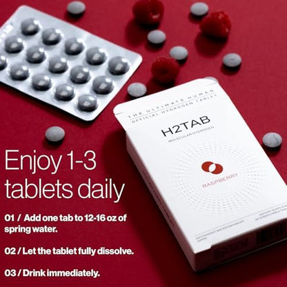 H2TAB cellular health and muscle recovery tablet packaging background with fresh raspberries