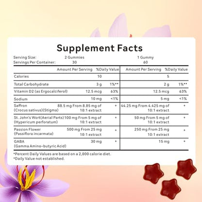 Saphire Happy Chews saffron gummies container highlighting the 30 day supply serving directions