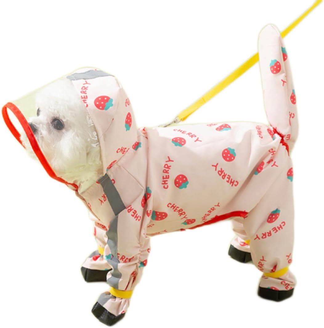 Generic waterproof dog raincoat strawberry pattern front view on a small puppy