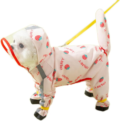 Generic waterproof dog raincoat strawberry pattern front view on a small puppy