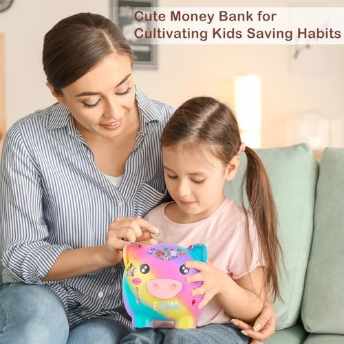 MHJY large rainbow money bank styled beautifully on a clean white nursery bookshelf.