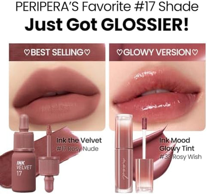 Glossy lip stain swatch of shade 033 Rosy Wish on a clean surface highlighting the pinkish mauve color.