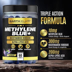 Side view of Earth Elixir 3-In-1 Methylene Blue supplement bottle highlighting serving count and flavor.