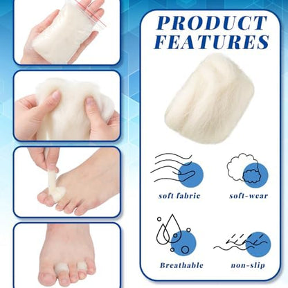 Soft white lambs wool padding being applied to toes for bunion relief