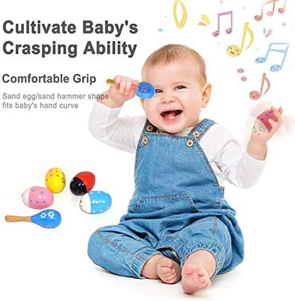 Six piece wooden egg shaker and maraca set arranged for party favors use.