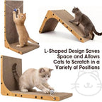 Indoor cat stretching and scratching on an L shaped cardboard scratcher