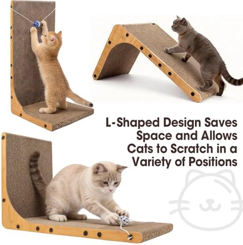 Indoor cat stretching and scratching on an L shaped cardboard scratcher