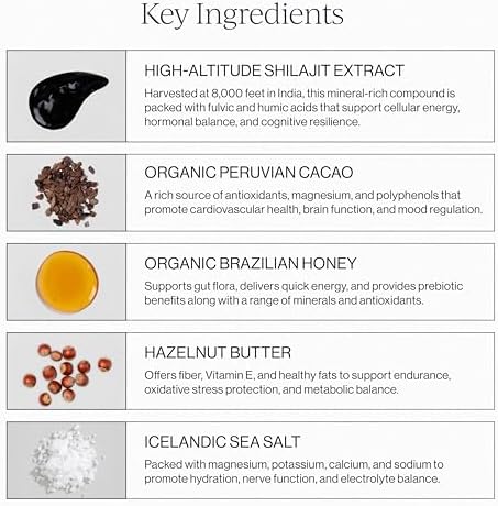 Adaptogen complex with cacao, honey, and hazelnut for cognitive and physical stamina.