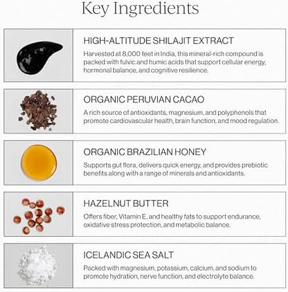 Adaptogen complex with cacao, honey, and hazelnut for cognitive and physical stamina.