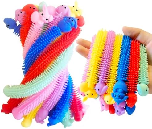 Assorted vibrant plastic easter eggs filled with stretchable rubber animal fidget strings for kids