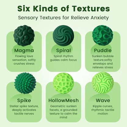 Six green textured magnetic fidget balls for stress relief