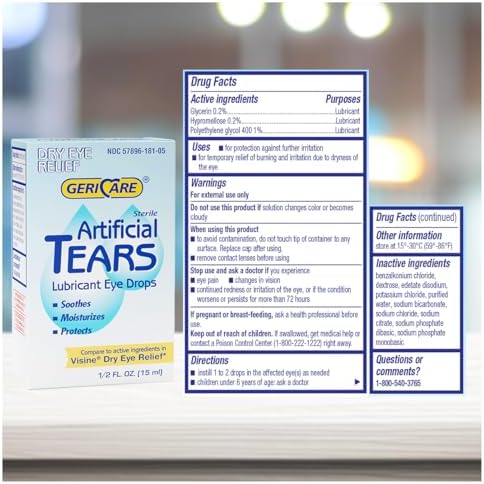 GeriCare 15ml bottle of lubricant eye drops for long lasting hydration.