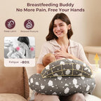 Mother breastfeeding using Momcozy support pillow for posture