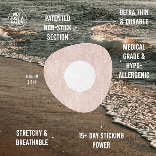 Beige waterproof adhesive patches for continuous glucose monitor on skin.