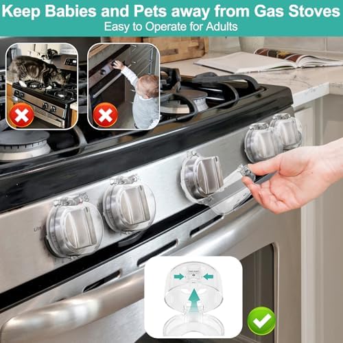 GRENFU Stove Knob Safety Covers (5 + 1 Pack) - Double-Key, Universal Size Gas Stove Knob Locks with Strong Double-Sided Tape, Heat-Resistant Oven Knob Covers for Child Safety/Pet Safety, Clear View - Image 3