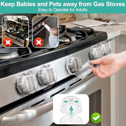 GRENFU Stove Knob Safety Covers (5 + 1 Pack) - Double-Key, Universal Size Gas Stove Knob Locks with Strong Double-Sided Tape, Heat-Resistant Oven Knob Covers for Child Safety/Pet Safety, Clear View - Image 3