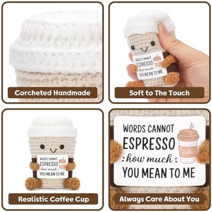 A AIFAMY positive coffee novelty gag gift displayed next to a laptop as motivational workspace decor.