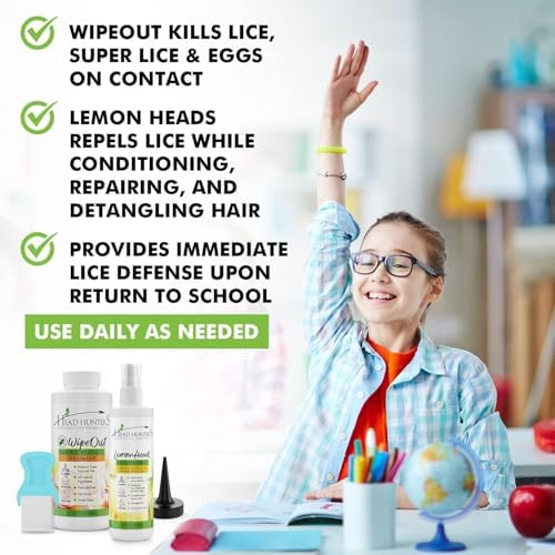 Close up of Head Hunters WipeOut non-toxic lice treatment bottle