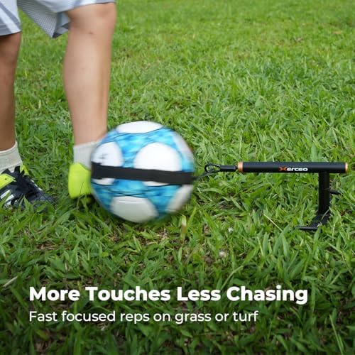 Xerceo inground soccer touch trainer setup anchored firmly into backyard grass for targeted cross foot technical drills.
