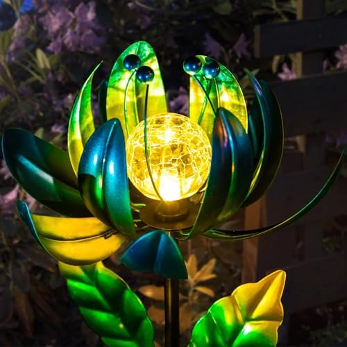 Close up of cracked glass LED globe on lotus garden light