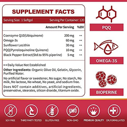 Side view of ZEBORA CoQ10 120 servings packaging showcasing high absorption benefits and GMP certification details