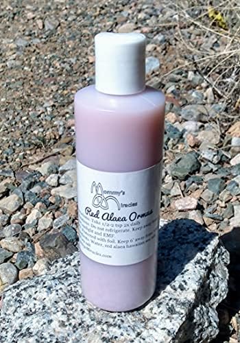 8 Fluid Ounce bottle of Mommy's Miracles Red Alaea Hawaiian Ormus Monoatomic Gold Manna on display