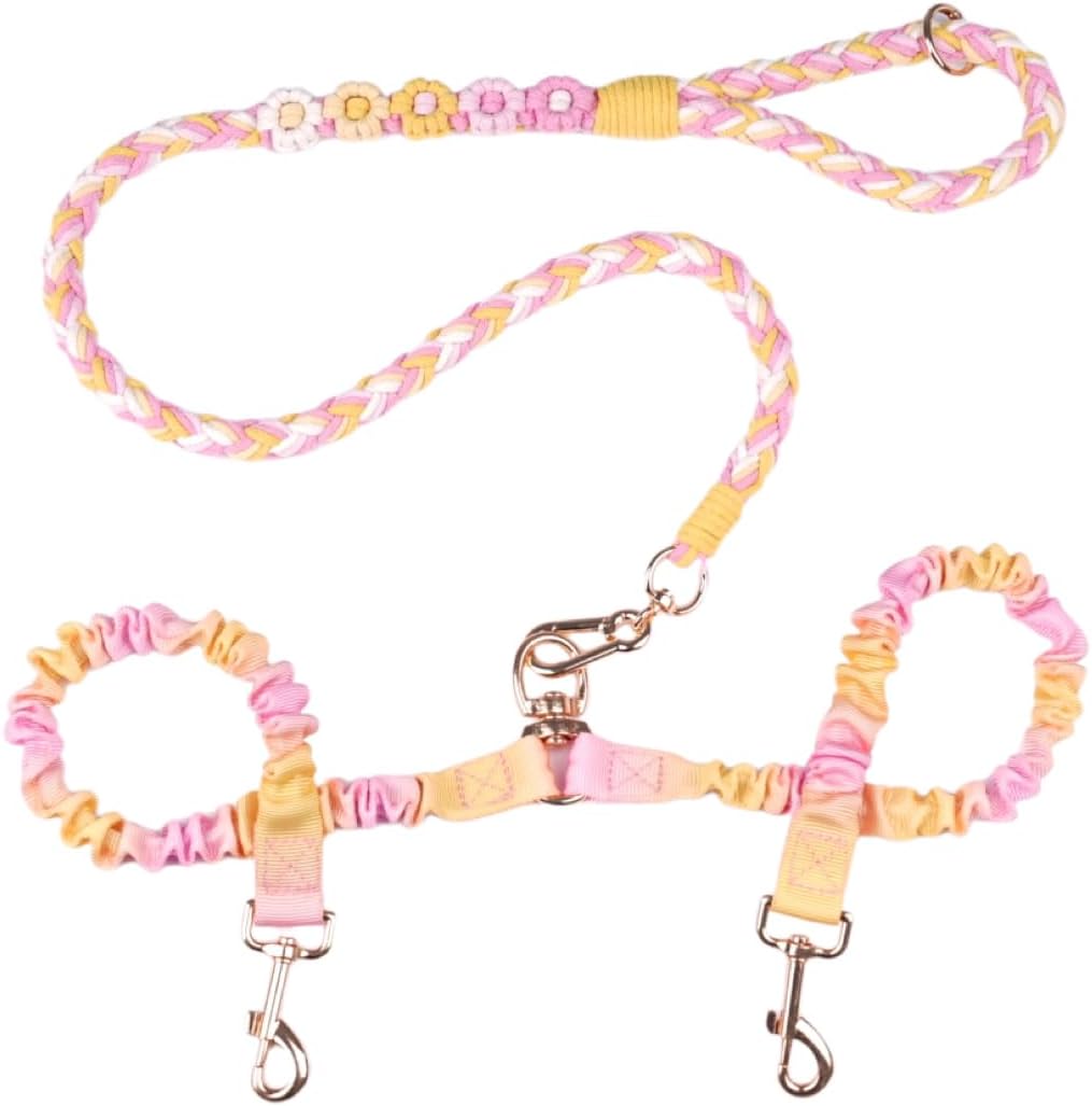 Double Dog Leash - Tangle-Free Dual Leash with 360 degrees Swivel, Shock Absorbing Bungee, Reflective Stitching & Hand-Braided Main Rope (Supports Up to 440 lbs, Pink) - Image 12