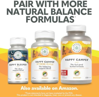 Natural Balance Happy Camper emotional wellness vegetarian capsules secure bottle seal close up