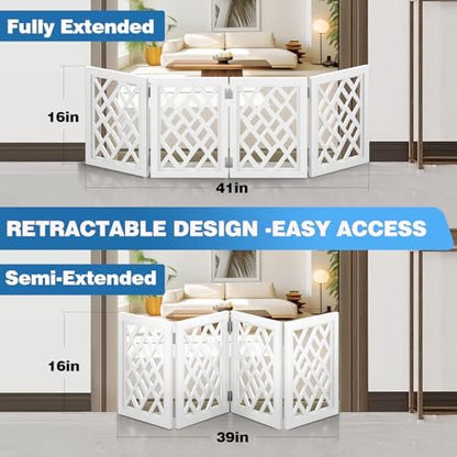 Foldable retractable puppy barrier showing the white cut out pattern details