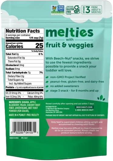 Close-up view of the ingredients list on the back of the baby snack melts pouch.