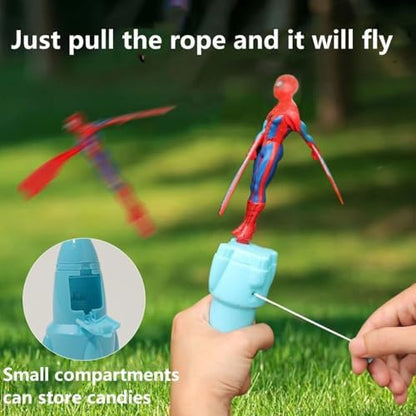 Captain America manual helicopter launch toy showcasing handle and drawstring