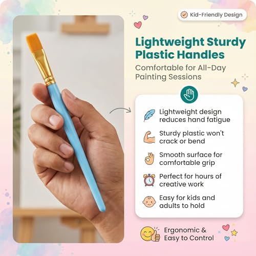 Ergonomic short wooden handles on a multi pack painting kit designed for comfortable gripping by kids and hobbyists