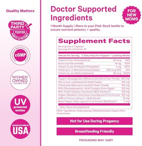 Pink Stork Postpartum Mood Support complete product box and bottle