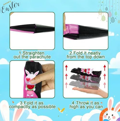 Hand throw parachute flying toy with a cute bunny character attached to durable nylon material.