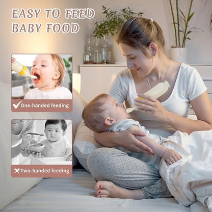 A parent gently squeezing the three ounce WAJIAYON silicone bottle to feed a toddler semi solid pureed fruit.