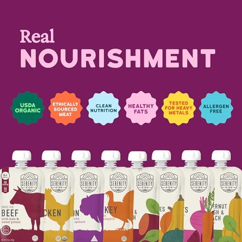 Back of Serenity Kids organic baby food pouch with nutrition facts