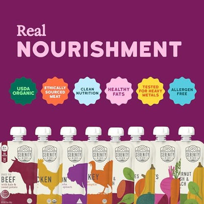 Back of Serenity Kids organic baby food pouch with nutrition facts