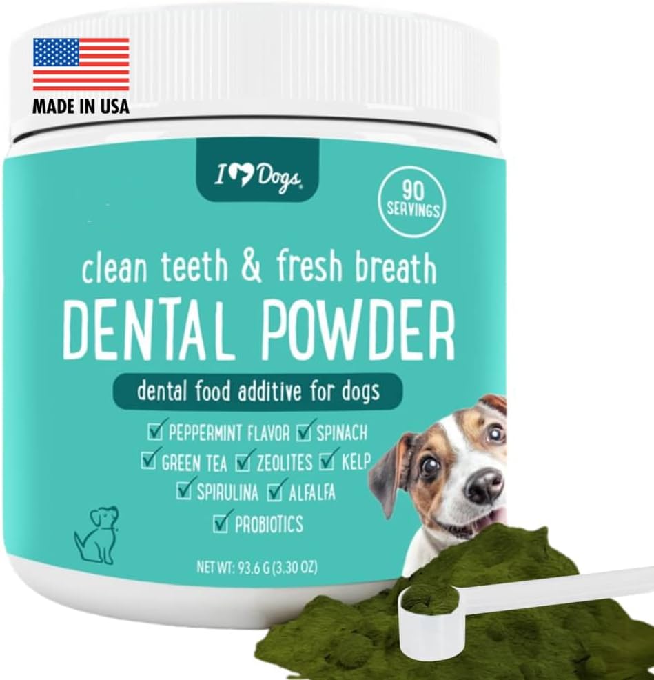 iHeartDogs Clean Teeth and Fresh Breath Dental Powder front packaging view for canine oral hygiene.