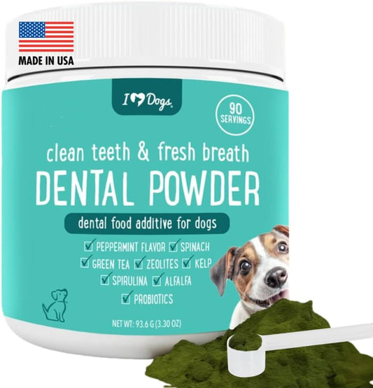 iHeartDogs Clean Teeth and Fresh Breath Dental Powder front packaging view for canine oral hygiene.