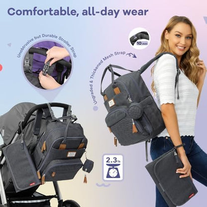 RUVALINO baby travel pack opened up to display eighteen internal organization pockets and insulated bottle holders.