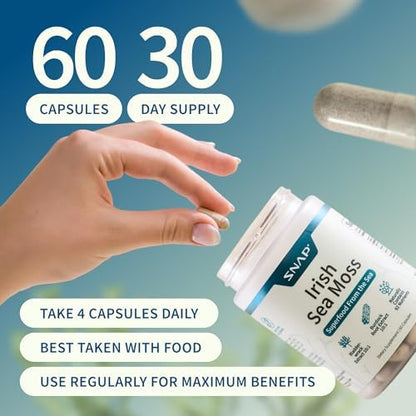 Snap Supplements Irish Sea Moss bottle with supplement pills