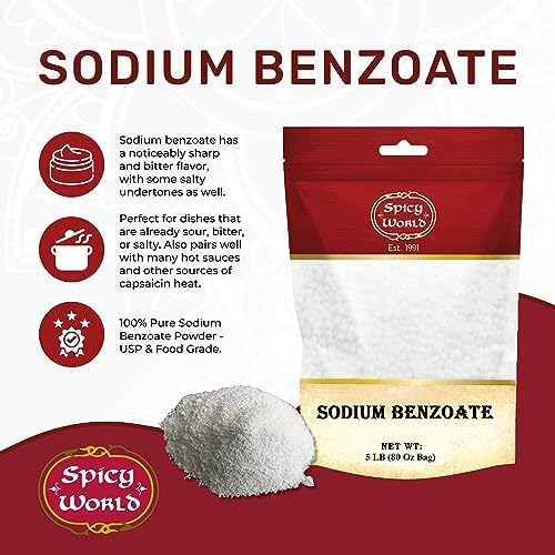 Spicy World Sodium Benzoate 99 percent USP grade packaging back label details.