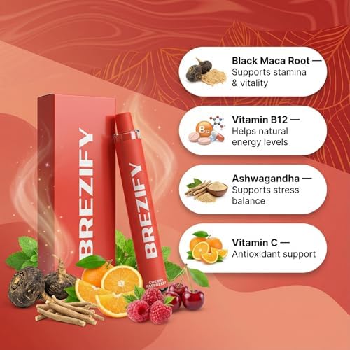 Brezify herbal inhaler pen with Ashwagandha and Black Maca root extracts for stress relief.
