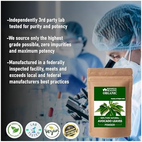 Pure natural avocado leaf supplement powder in 100 gram packaging.