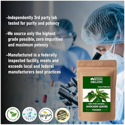 Pure natural avocado leaf supplement powder in 100 gram packaging.