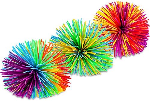 Close up view of the soft latex free silicone strands on a 2.75 inch rainbow pom bouncy stress ball.