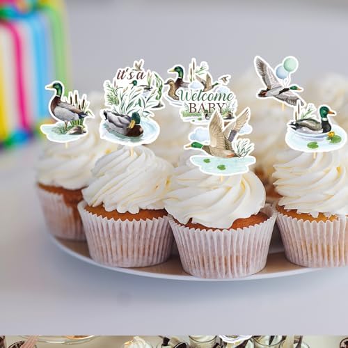 Assorted patterns of mallard duck party cupcake decorations
